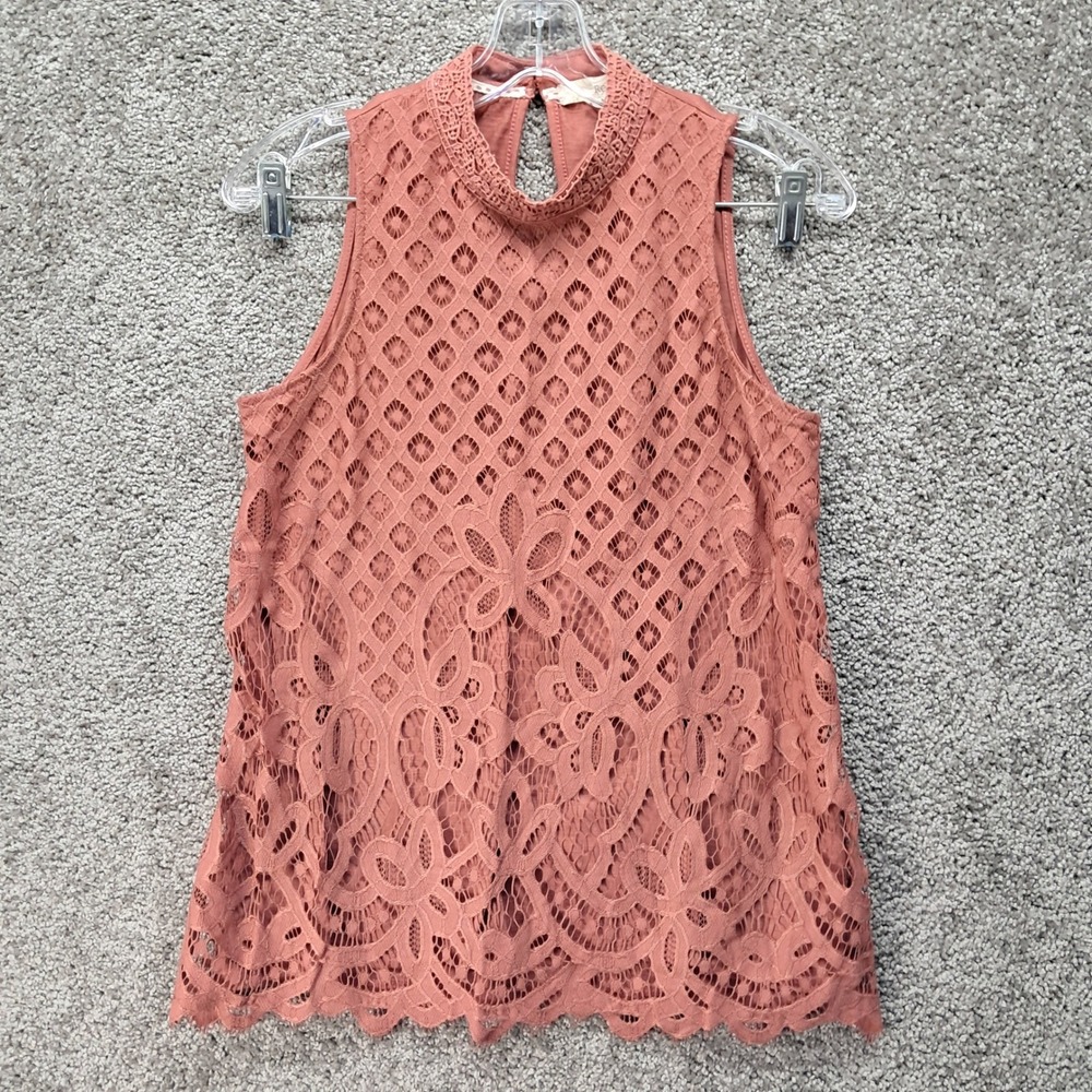 Rewind Womens Rust Lace Front Mock Neck Sleeveless Boho Blouse NK6727HMV2 Medium